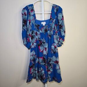 Band‎ of the Free Blue Floral Smocked Square Neck Puff Sleeve Mini Dress Size S